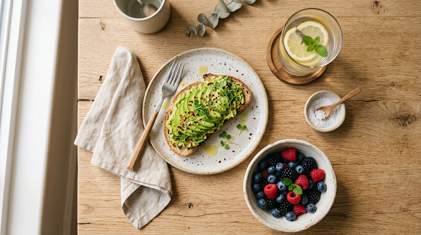 Gesundes Frühstück mit frischen Zutaten auf einem Holztisch