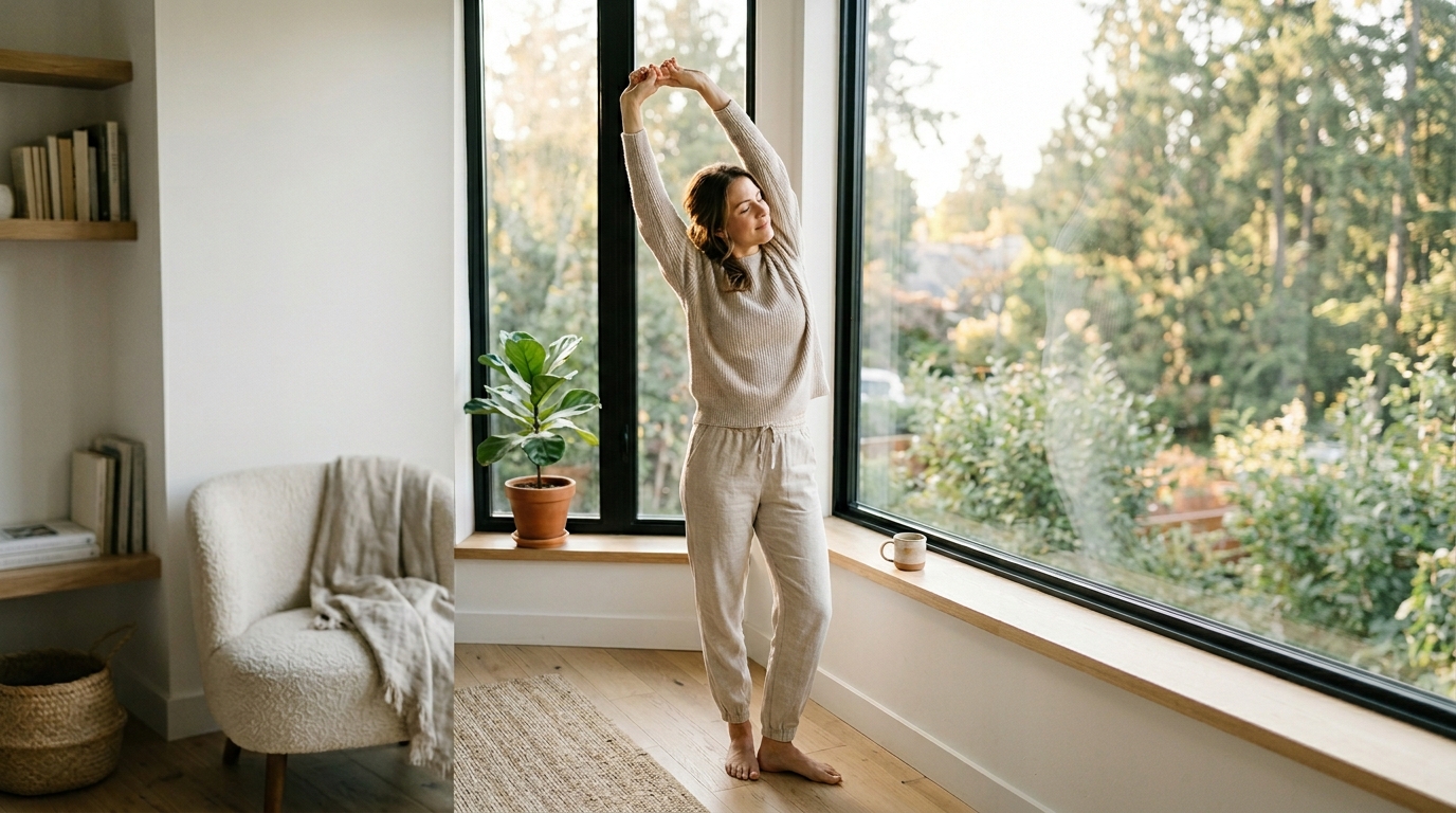Person dehnt sich am Fenster im Morgenlicht